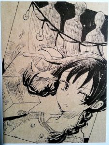 電灯のような月とみつあみの女の子