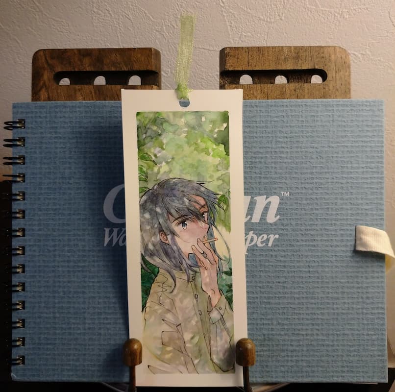 水彩イラストにリボンをつけて栞にする
