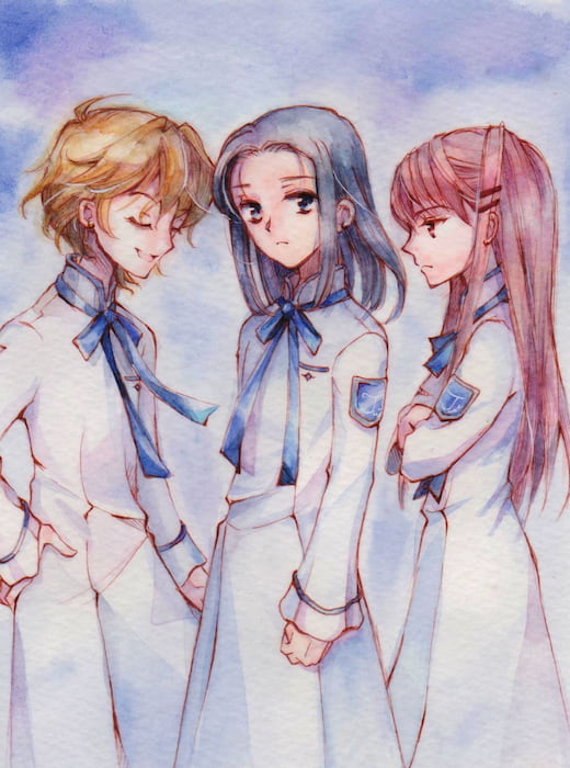 白いワンピースの制服を着た3人の少女たち