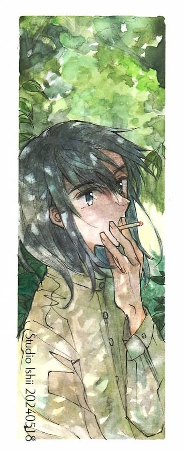 木陰で煙草を吸う江神さん、水彩