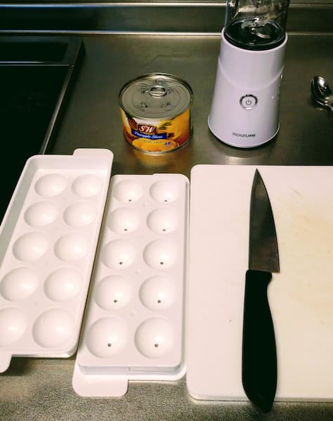 球形の製氷皿、ミキサー、まな板と包丁、果物の缶詰
