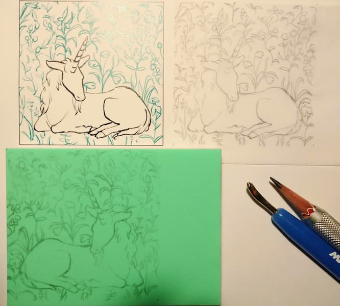 ゴム版に転写された一角獣の図柄