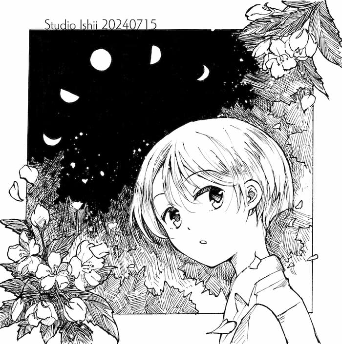 振り向く月彦と棠梨の花のイラスト。