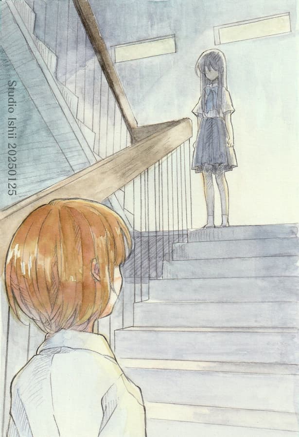 階段の踊り場から毬子を見おろす香澄のイラスト。