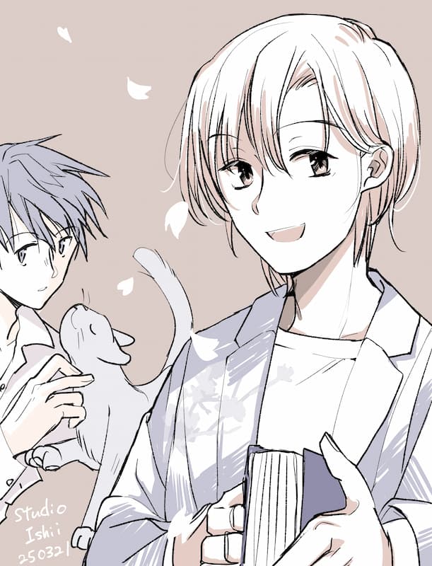 桜の花びらとアリス。後ろに火村とねこ。