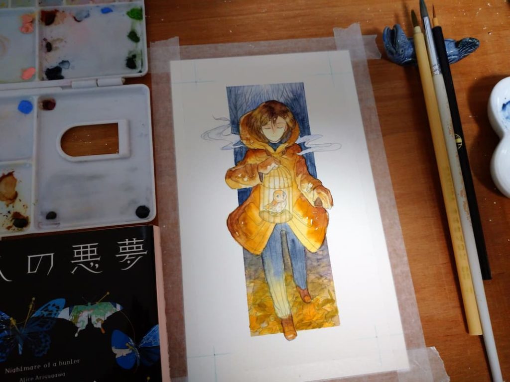 上のイラストの制作風景。