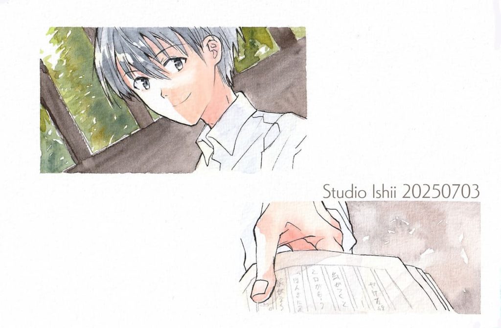 原稿用紙を返す大学生の火村。