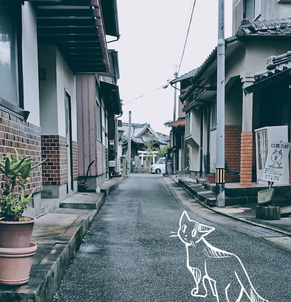柳川の路地とねこの白雨。