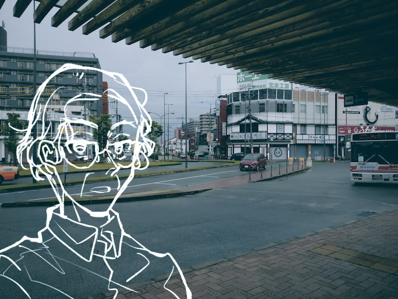 西鉄柳川駅前のロータリーと協一郎。