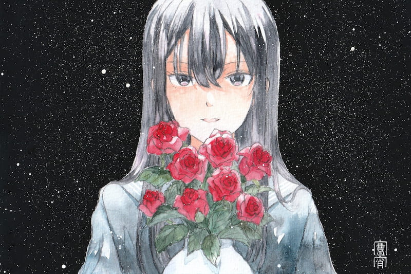 赤い花を持つ舞台上の少女、サヨコ