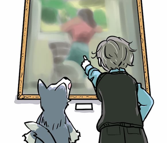 バルテュスの「窓辺の少女」を見る加藤と石井(イヌ科)